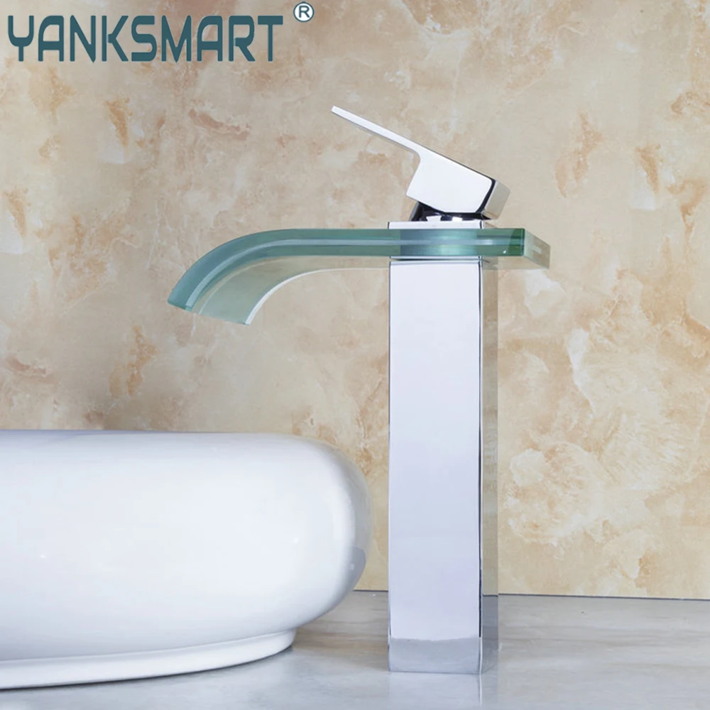 

YANKSMART Luxury Glass Waterfall Spout Chrome Polished Washbasin Bathroom Faucet Deck Mounted Basin Sink Mixer Water Tap Faucets