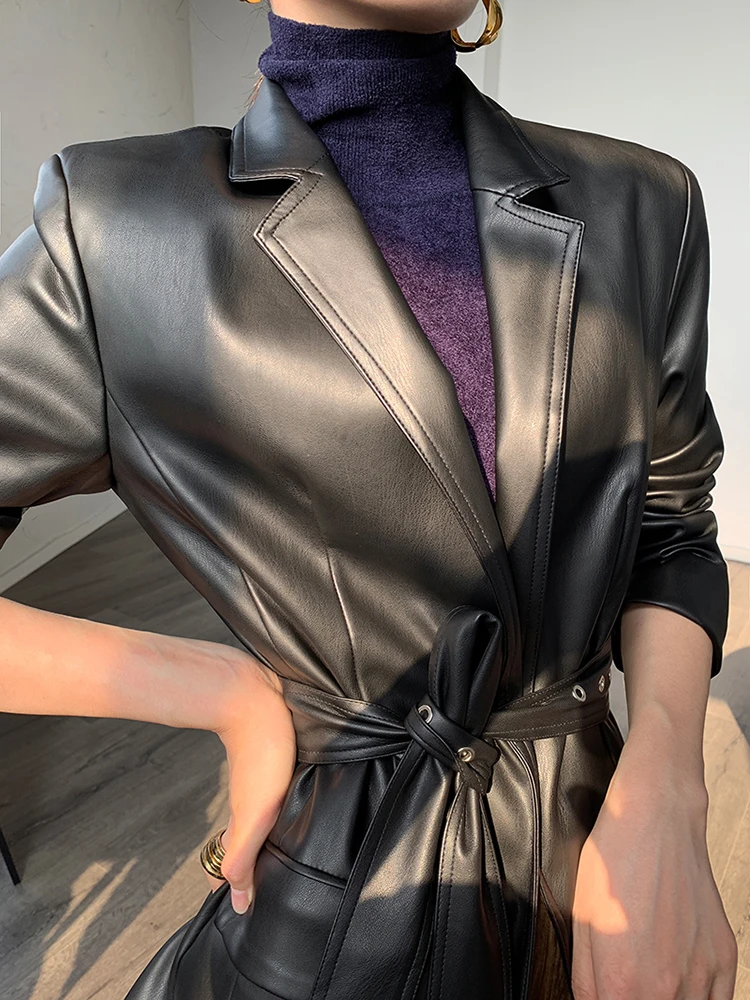 

Nerazzurri Autumn Light Soft PU Leather Blazers Women Belt Long Sleeve Pockets 2021 Stylish Faux Leather Jacket Korean fashion