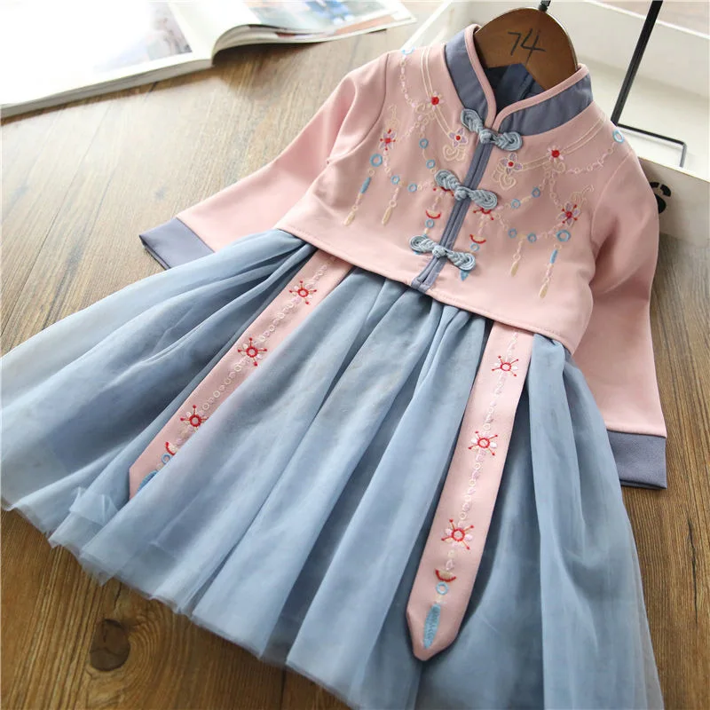 Новое Кружевное платье принцессы Hanfu с цветочной вышивкой для девочек