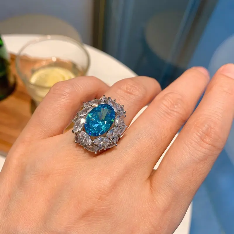 

Jazaz Fine 100% 925 Sterling Silver Aquamarine Egg High Carbon Diamond Radiant Cut Rings Women Lady Anniversary Sparkling B01349
