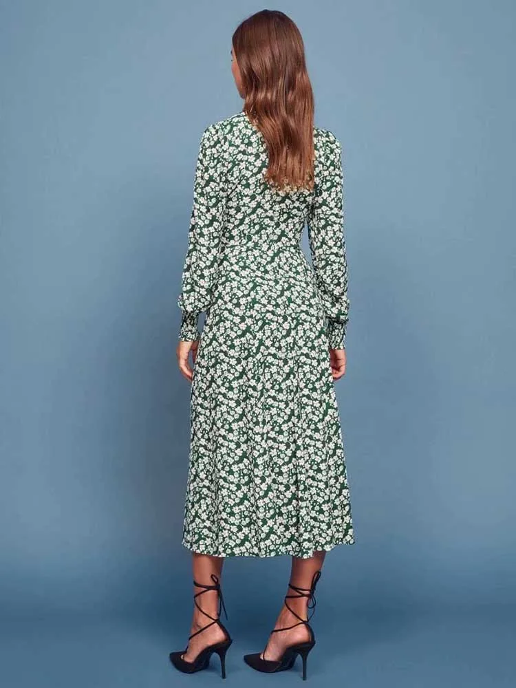 Зеленое цветочное женское платье liiundr с длинным рукавом тонкое Элегантное