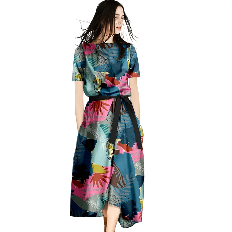 

Fashion Summer Dress for Women 2021 New High-End Satin Short-Sleeved Printed Dress Temperament Slim Waist Office A Line Vestidos
