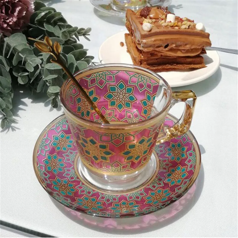 

Glass Cups & Saucers With Spoon Gold Handle Mugs Birthday Presents Wedding Gifts Luxury Turkish Style Kitchenware 200ML