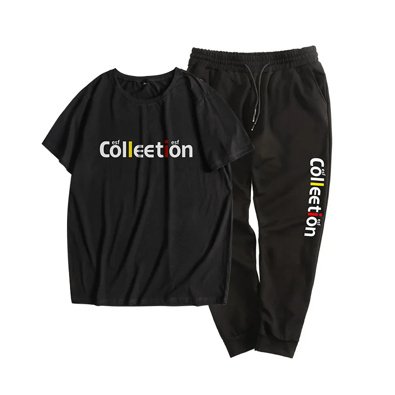 

2021 Summer Letter Oversized Men Sets Loose Men's Sets Fat Male High Quality T Shirt Set Cotton Casual Men's Clothing