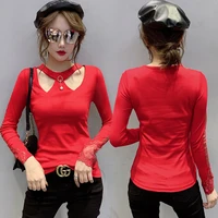 european new spring autumn korean clothes sexy hollow out diamonds shiny t shirt women tops ropa mujer long sleeve mesh tees