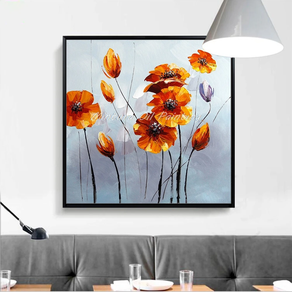 Минтура ручная роспись оранжевые желтые цветы картина маслом на холсте