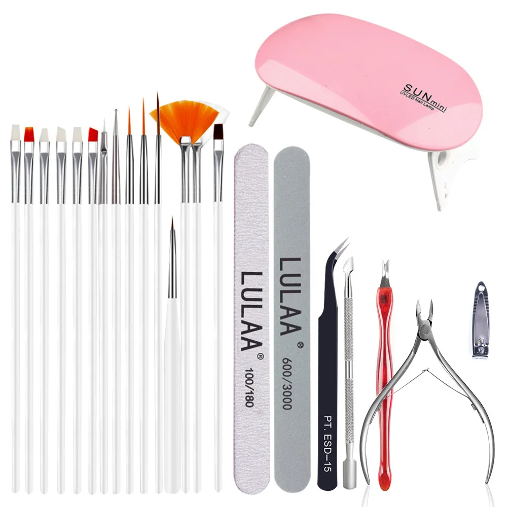 

22pcs/set Nail Kit Professional Set with Vu Led Lamp for Manicure Gel Acrylic Nails Polish Polishing Strip Art Decorations Tool