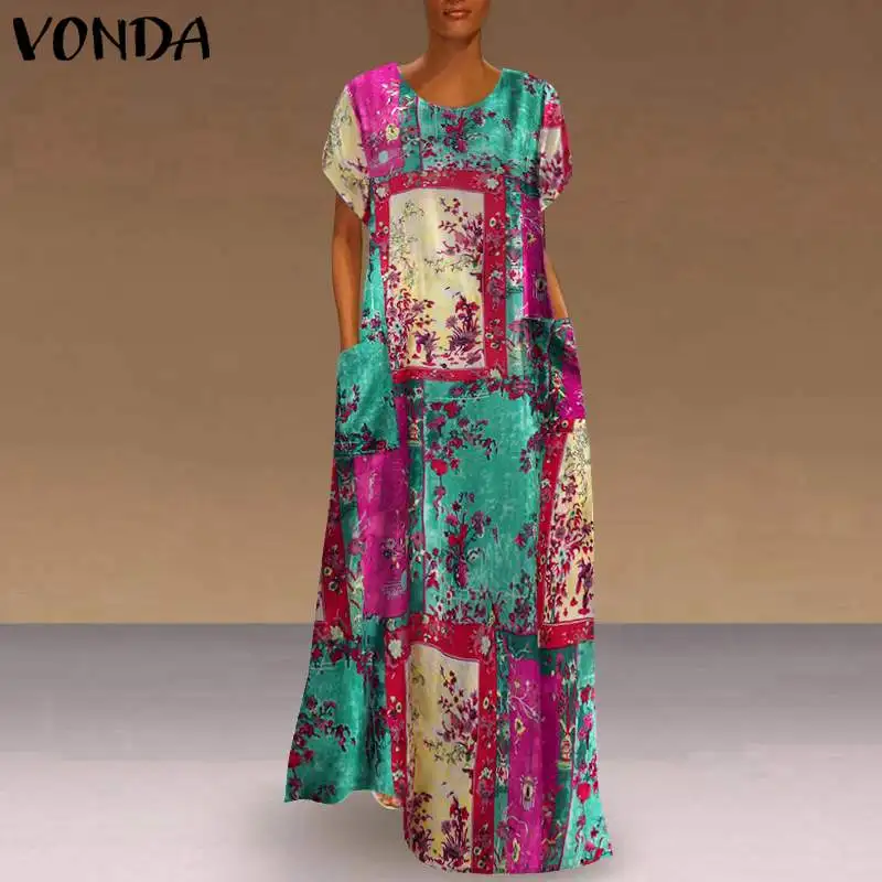 

VONDA Elegant Women'Sundress Vintage Printed Holiday Dress Short Sleeve Casual Long Maxi Dress With Pockets Vestidos