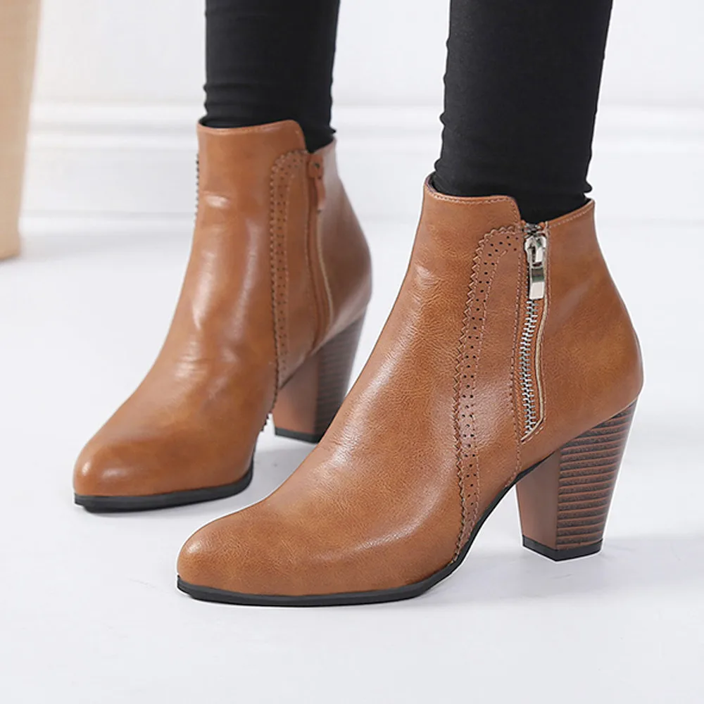 Boots Women Vintage High Heels Thick Heel Short Sexy Outside Ankle Booties Point Toe Zipper Shoes Woman Zapatos De Mujer | Обувь