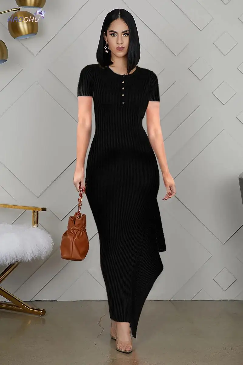 

Urban Office Fashion Casual Dresses Short Sleeve O-Neck Elegant Rib Knit Women Dress Cotton High Elastic Sunken Stripe Slim Sexy