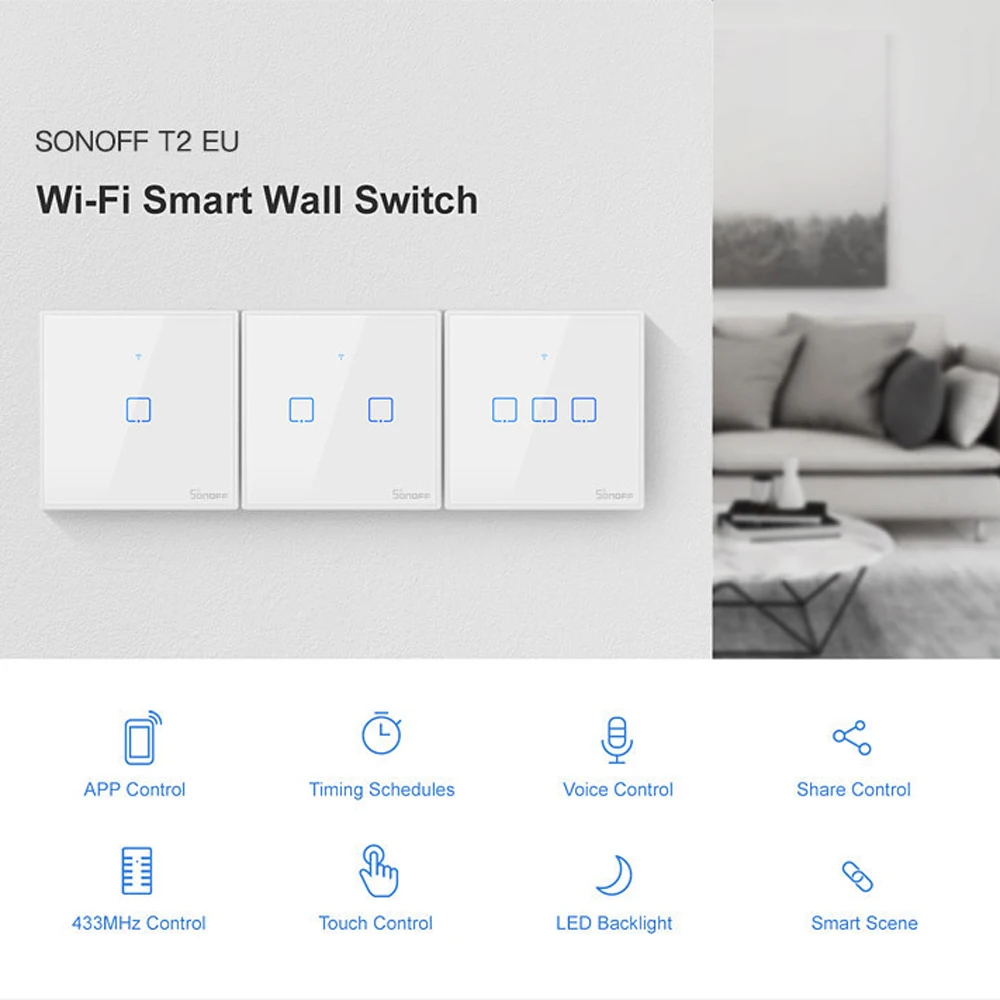 SONOFF T2 TX SmartSwitch Wifi настенный сенсорный выключатель с пограничным домом 1/2/3 банды 433