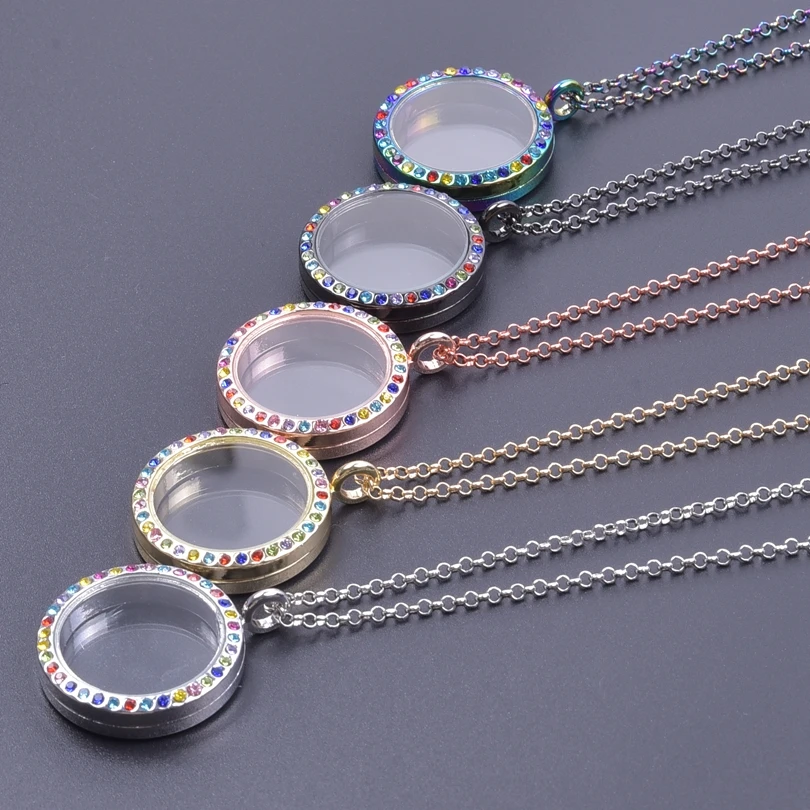 25/30/35/40 mm Locket Pendant Necklace For Women Men Accessories Rhinestone Cage Floating Locket Charms Necklaces Chain On Neck