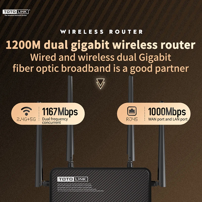 

TOTOLINK Gigabit Wireless Router A3700R 4 Gigabit LAN Wifi Repeater with AC1200 Dual Band 4*5dBi Super Signal Antenna