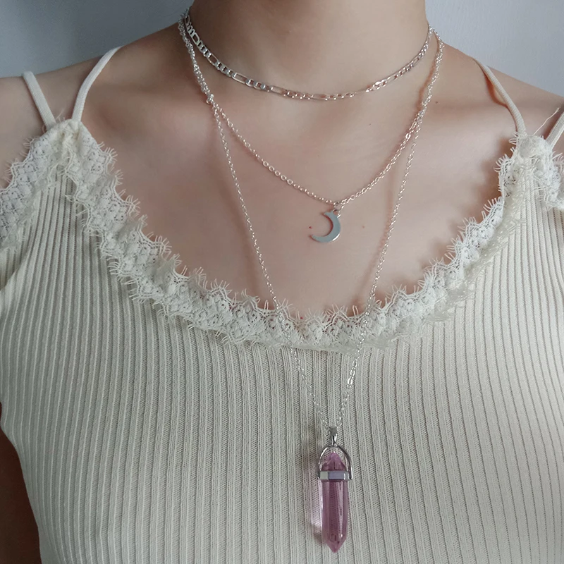 

Bohemia Vintage Alloy Moon Layered Necklace Pink Imitation Crystal Hexagonal Column Pendant Necklace Jewelry Woman