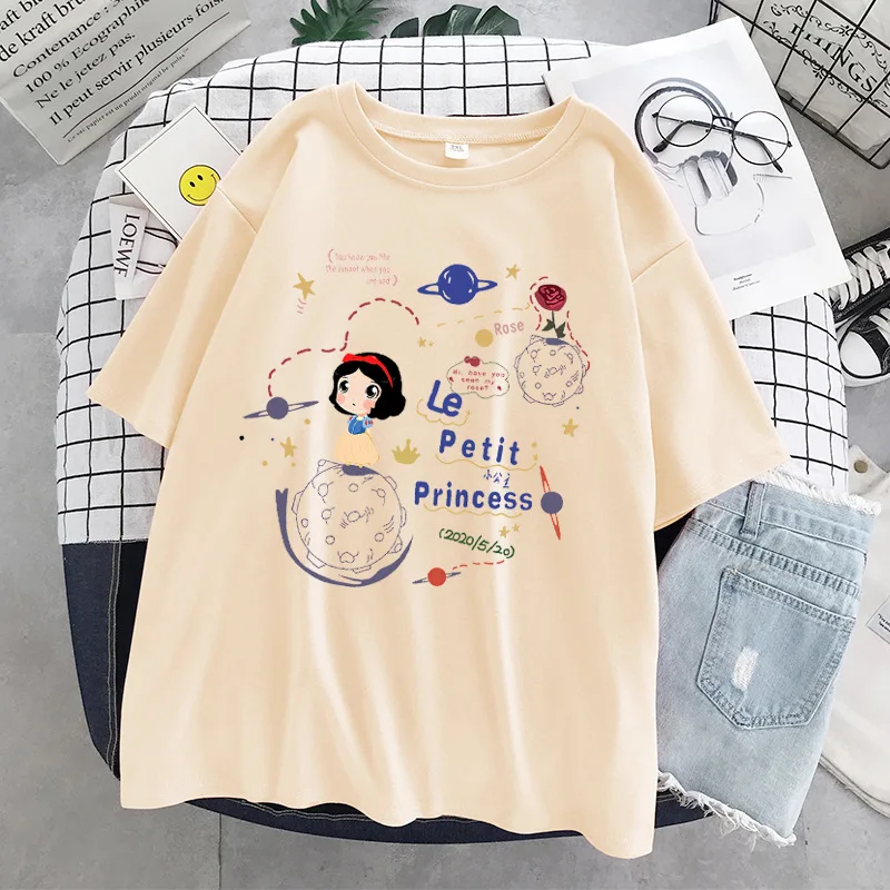 

Snow White Princess Print Casual Women Cotton Tops Colorful Cartoon Girl Short Sleeve Loose couple T-shirt