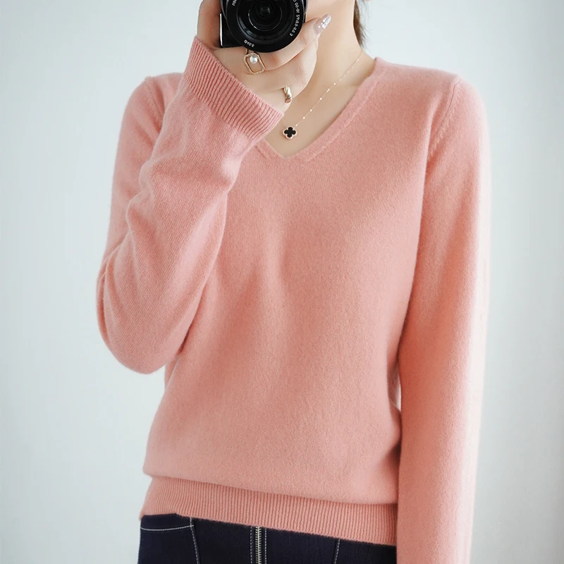 

Осенне-зимний вязаный свитер Lafarvie, женские топы, повседневный свободный женский базовый джемпер с V-образным вырезом и длинными рукавами, мо...