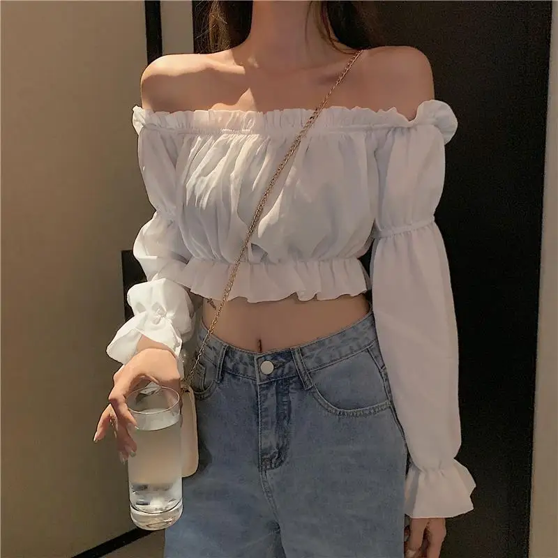 

Ruffle Crop Top Sleeve Shirt Party Long Tunic Puff Off Top Top Shoulder White Women Sexy Blouse Sleeve Club Summer Tube Top Blou