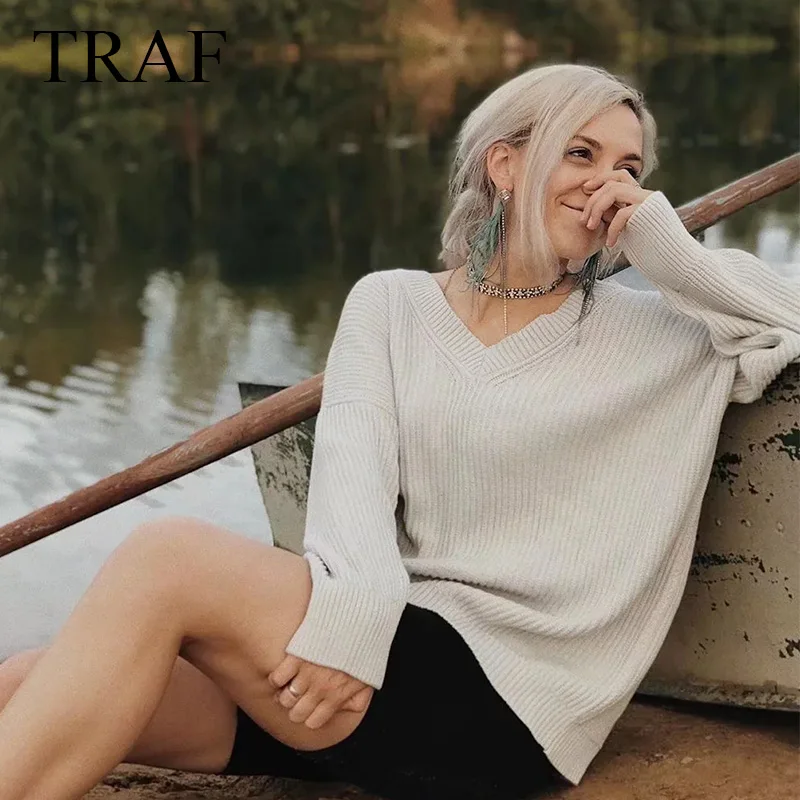 

TRAF ZA 2021 Autumn Women's Sweater Solid Top Female Casual Oversized Long Sleeved Knitted Off Shoulder Lady V-Neck Pullovers