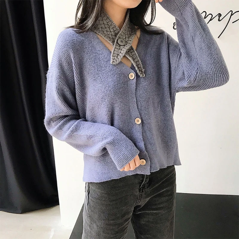 Накладной воротник Женский трикотажный шарф с пуговицами зимний ветрозащитный |