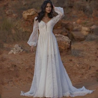 eightree ivory glitter long wedding dress 2021 v neck long sleeve backless bride beach bridal evening prom gown dress customsize