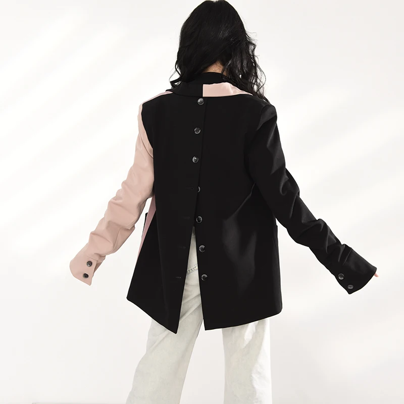 

doble chaqueta de botonadura para mujer, Blazer negro de talla grande con solapa nueva, chaqueta holgada de manga larga,