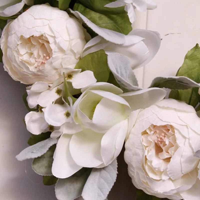 

18 Inch Door Wreath Peony Magnolia Flower Green Leaves Wreaths Spring Summer Front Door Artificial Wreath