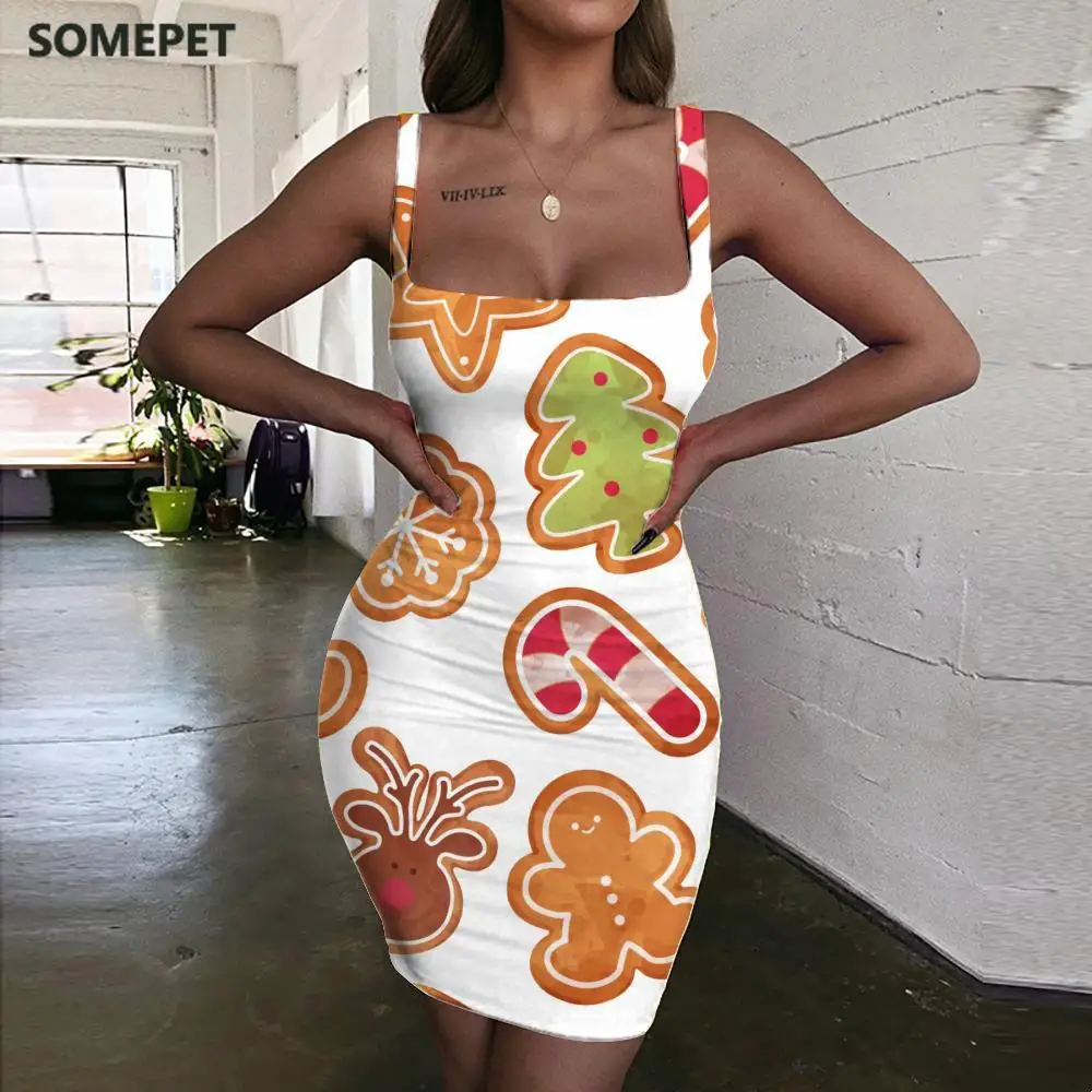

SOMEPET Christmas Dresses Women Painting Halter Sleeveless Pattern Sundress Art 3d Print Womens Clothing Mini Evening Beach