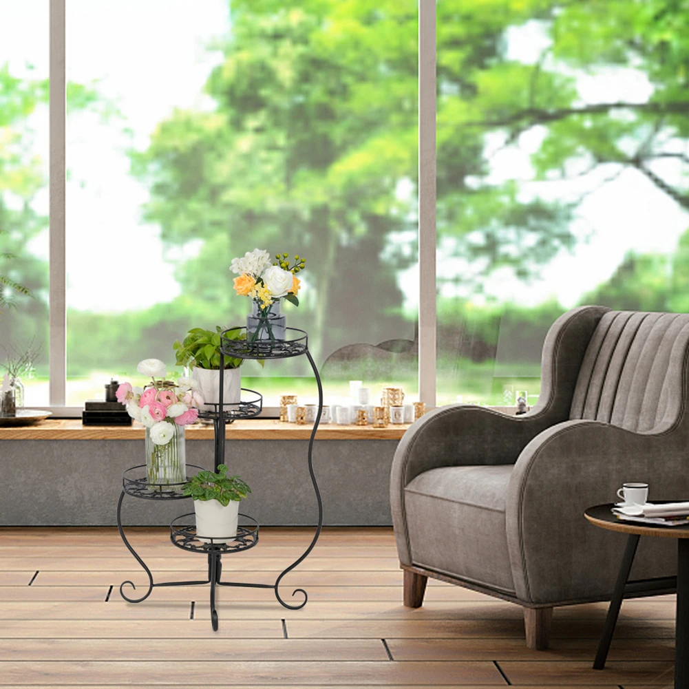 

4 Layers Flower Stand Rack Painted Round Shape Garden Office Black Display Modern Pot Storage Rack Gardening Tools