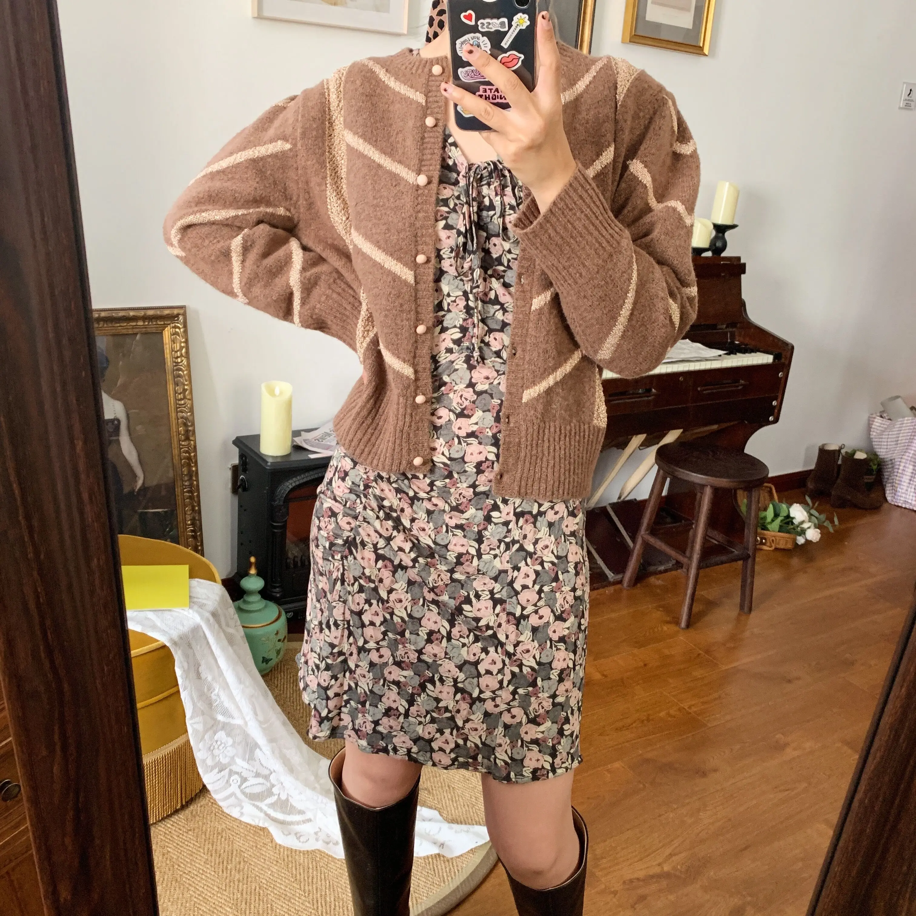 Ins Women Sweater Autumn / Winter Mohair Wool Striped Round Neck Cardigan |