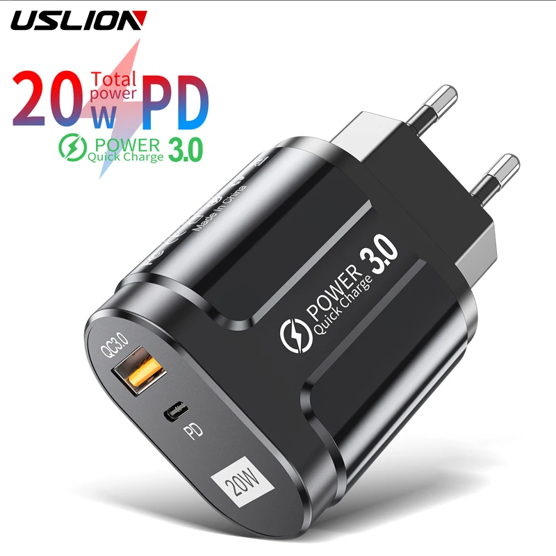 USLION 20 Вт USB PD быстрое зарядное устройство QC3.0 для быстрой зарядки iPhone Xiaomi Samsung
