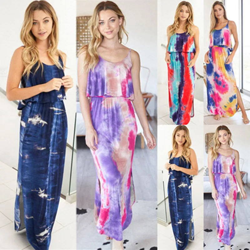 

Summer Beach Vacation Party Maxi Dress Women Sleeveless Sexy Sling Dress Fashion Tie-dye Print Long Dress Sundress Lady Vestidos