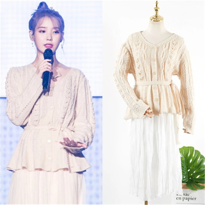 Свитер с v образным вырезом юбка поясом для женщин IU 장lee Lee Ji Eun дель LUNA осенне