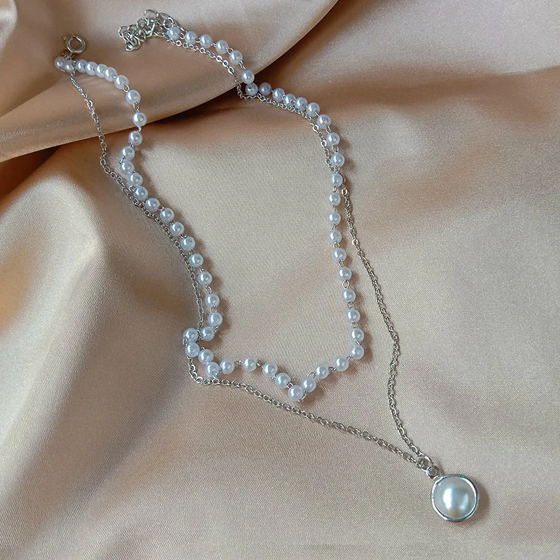

2021 New Fashion Kpop Pearl Choker Necklace Cute Double Layer Chain Pendant For Women Jewelry Girl Gift