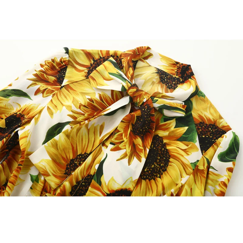 

Fashion Top Shirt Ladies Spring and Summer New Sunflower Print Shirt Yellow Flowers Chiffon Bow Long-Sleeved Shirt Casual Top