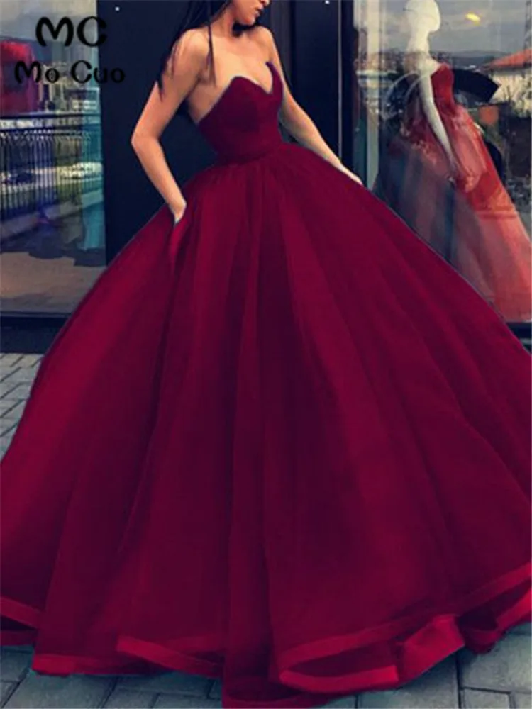 

Ball Gown Burgundy Evening Dresses Long Prom Dresses Sweetheart Robe De Soiree Lace Up Back Tulle Formal Evening Dresses