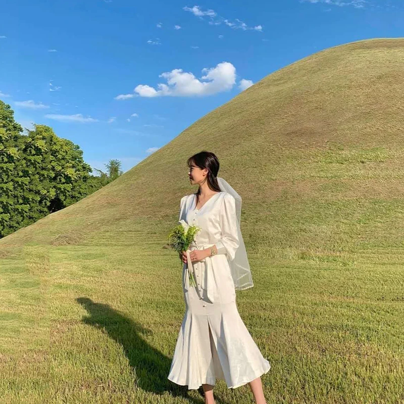 

Sister Fara V-neck Loose Satin Dress Summer 2021 Long Sleeve Single-breasted dress