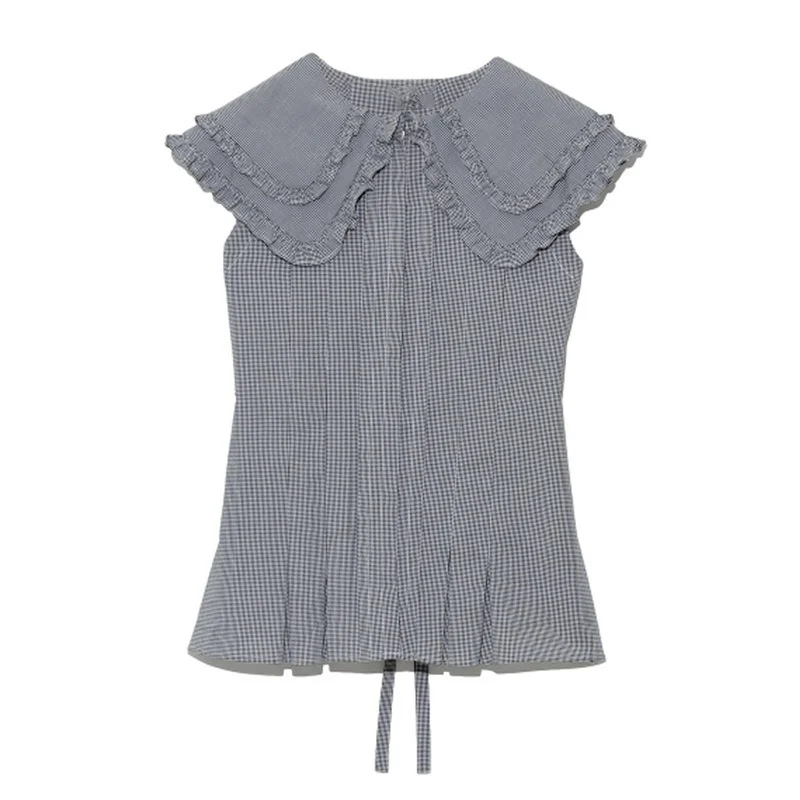 

Japan Style Sweet Fresh Pleated Blouse Women Ruffles Sleeveless Silm Waist Lace Up Shirts Elegant Office Ladies Blusas Mujer