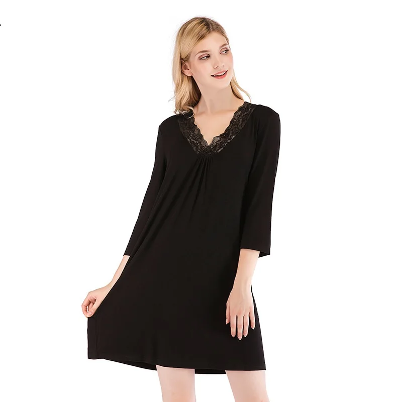 Spring and Summer Women's Nightdress Modal Loose Lace V-neck Simple Women's Home Service Womens Nightgown Sleepwear Sleep Tops