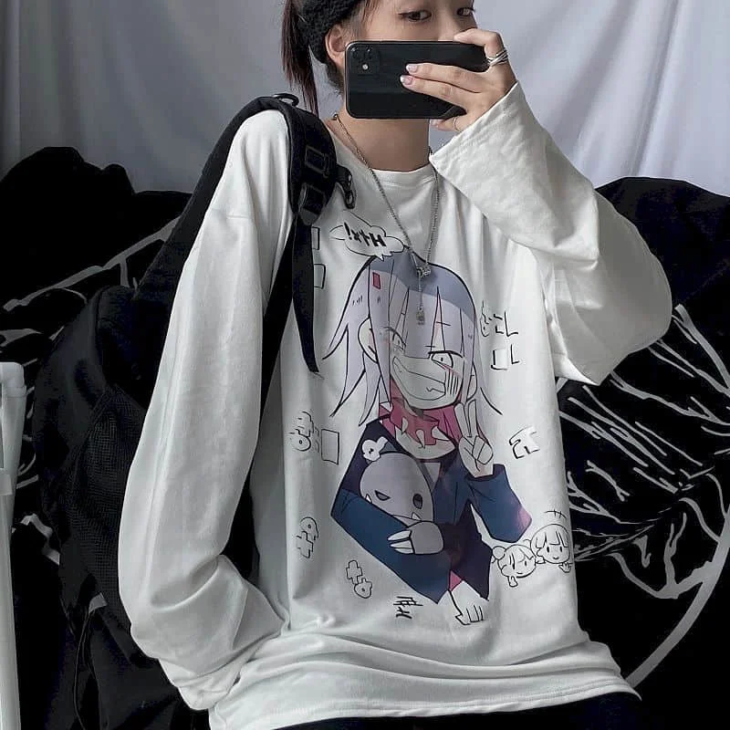 

Anime t-shirt Autumn long-sleeved top female student Korean loose Harajuku style dark cartoon printing wild white t-shirt trend