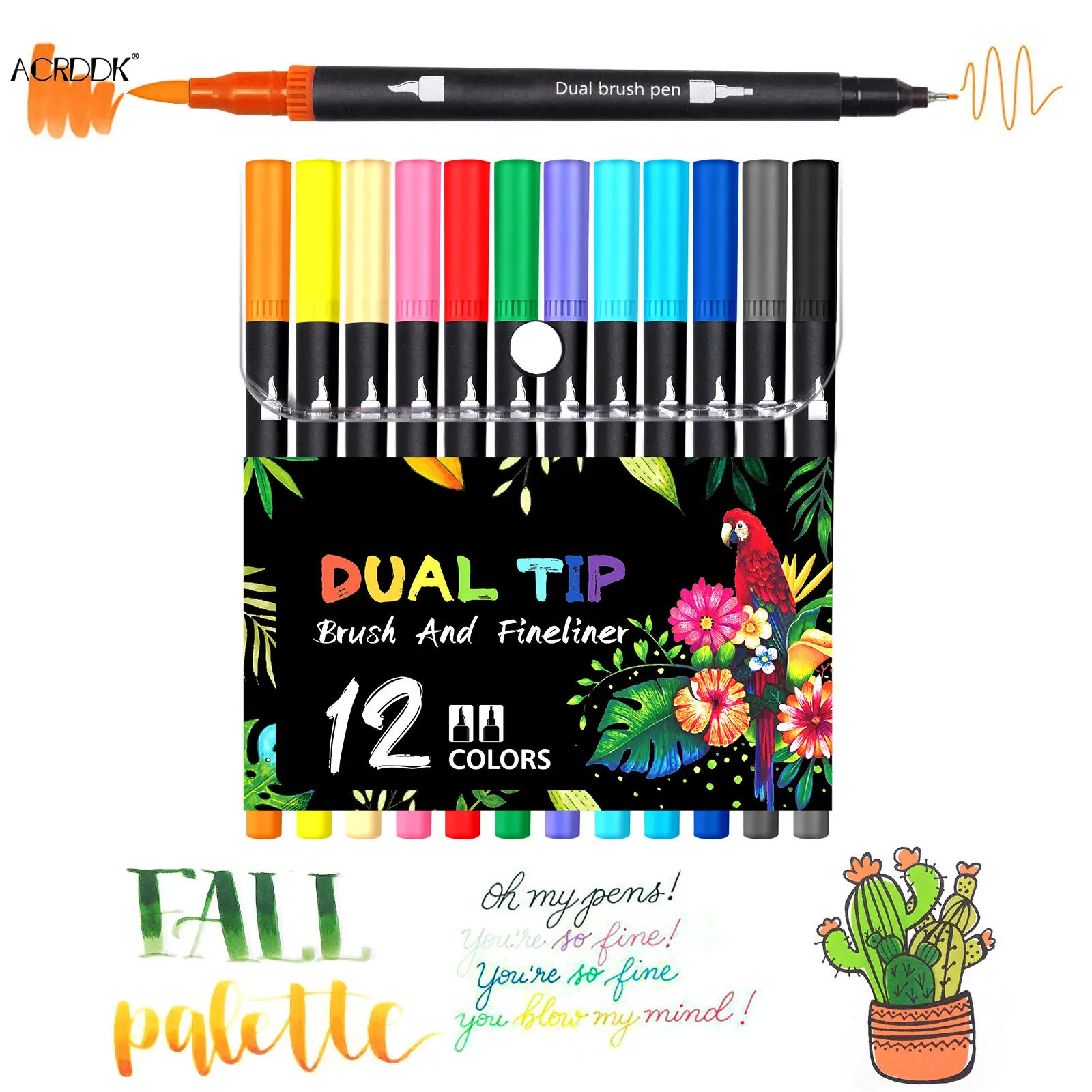 

Цветные художественные ручки с двойной головкой, 12 шт., с мягкой кистью и тонкими маркерами, для подарочных открыток, для письма, рисования FL