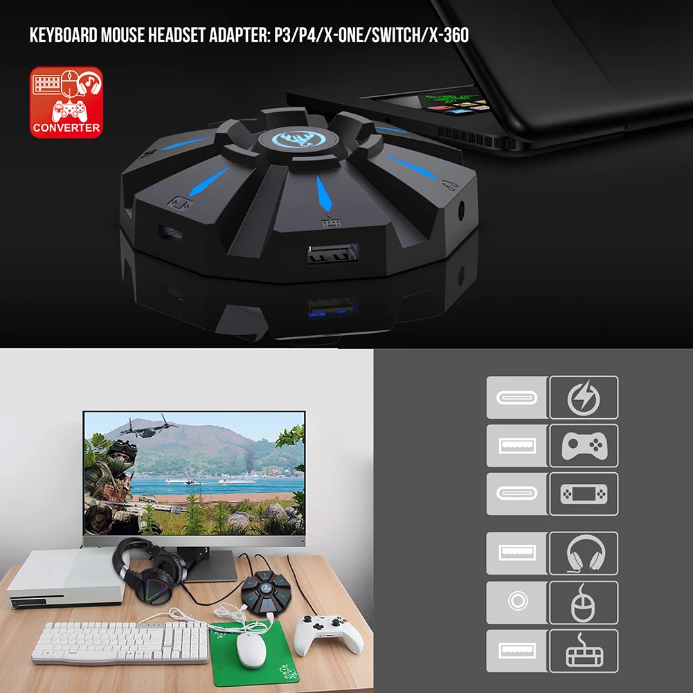

HXSJ P9 контроллер, игровая клавиатура, мышь, гарнитура, адаптер для переключателя/PS4/PS3/планшетов, консоль для игровой консоли FPS