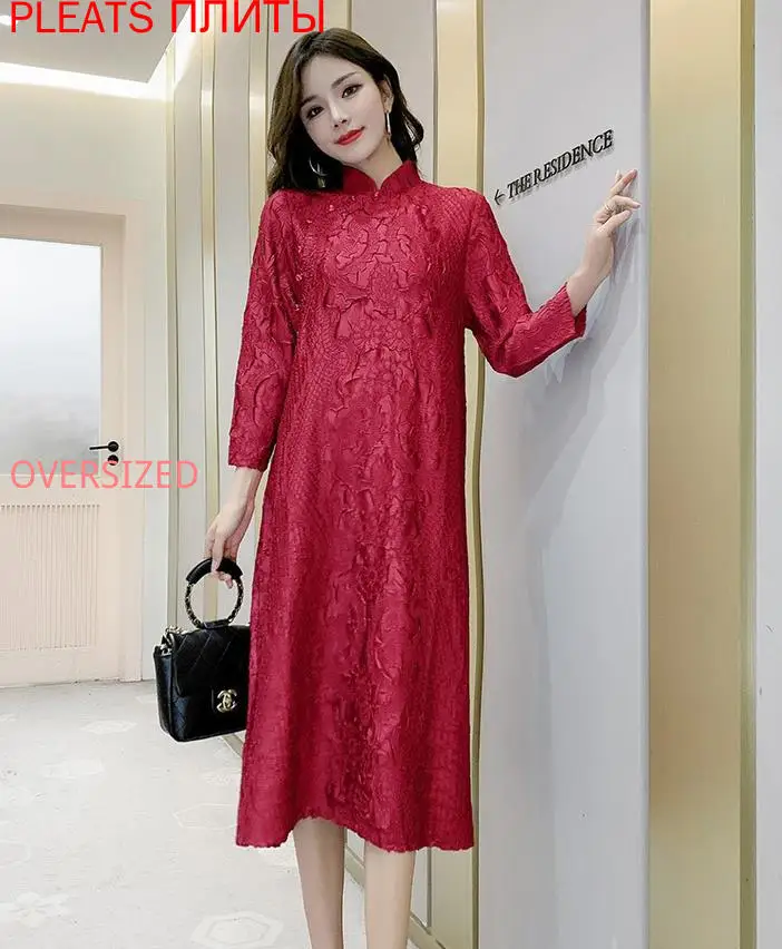 

New Women's Autumn Chinese Retro Embossed Chinese Style Loose Casual Long Sleeve Dress MIYAKE Pleats Vestido Fashion Shein