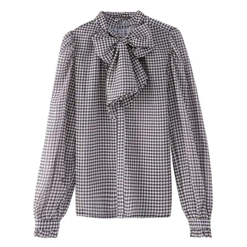 

ICCLEK Silk shirt female design sense niche spring and autumn 2021 new western style houndstooth bowknot chiffon blouse comf