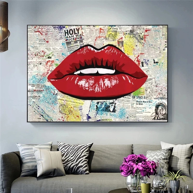 

Graffiti Sexy Red Lips Woman Canvas Painting Old Newspaper Posters Prints Wall Art Picture for Living Room Home Decor Cuadros
