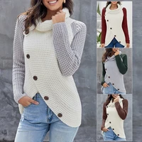 winter sweater womens new european and american contrast color high collar button long sleeve asymmetric sweater