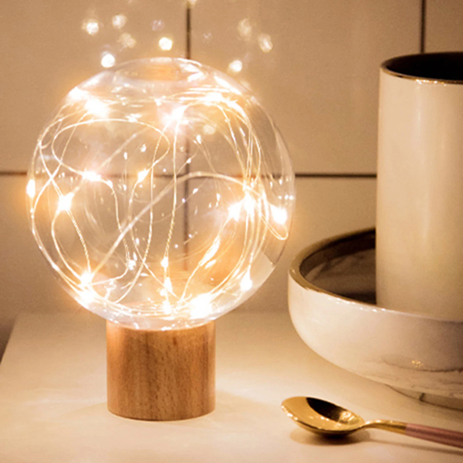 

Starry Night Light Moon USB Charging Bedside Round Ball String Light Wood Base New Creative LED Atmosphere Night Light Gift