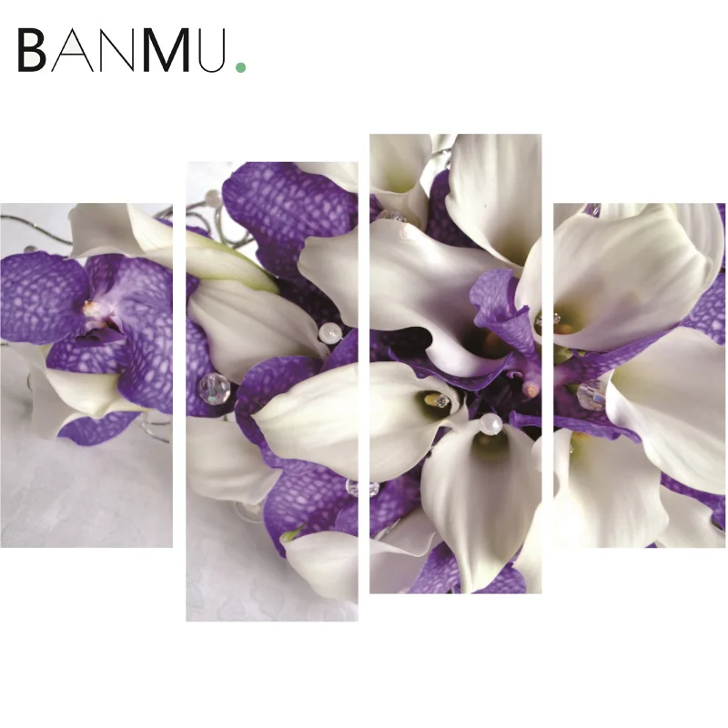 BANMU 4 Panels Purple&ampWhite Iris Wall Art Canvas Painting Nordic Floral Poster Home Decor for Livingroom Decoration | Дом и сад