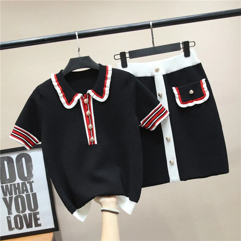 

Sweet Vintage Panelled Fashion Womens Kintted 2Pcs Outfits Short Sleeve Peter Pan Collar T-Shirts Elastic Waist A-Line Skirts