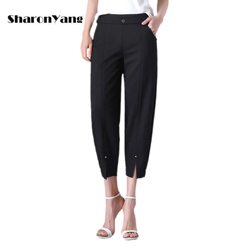 

2021 New Summer Women's Slacks Casual Loose-Fitting High-waisted Turnip Pants Middle-aged Mom Pants Ankle Pants Black White