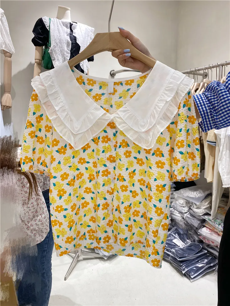 

Summer Women Fashion Floral Single-Breasted White Peter Pan Collar Blouse Top for Lady Short Puff Sleeve Shirt Vintage Style